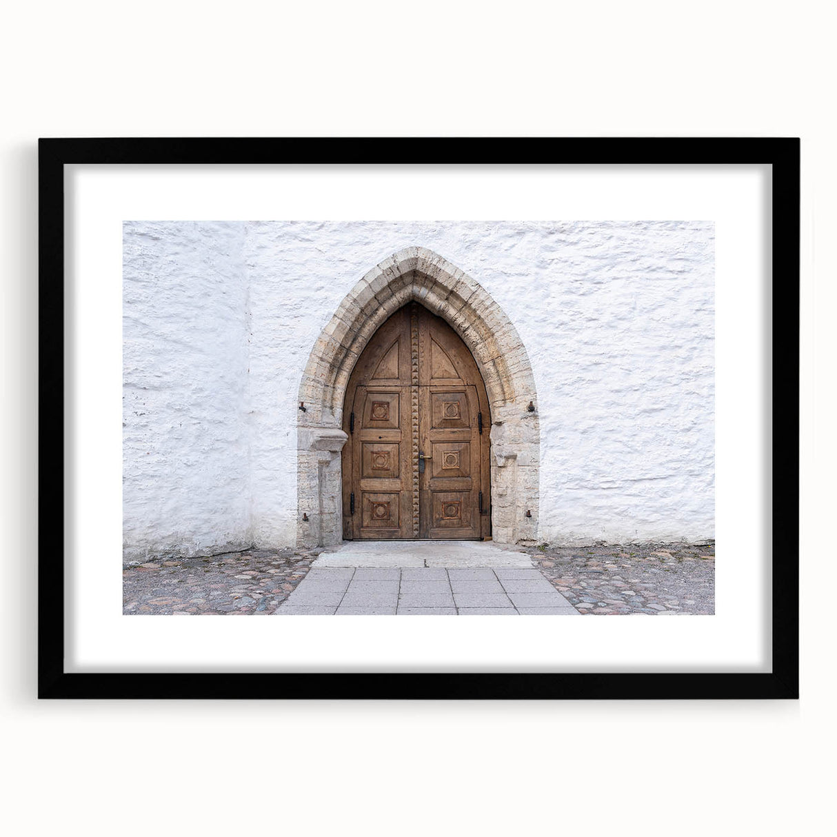 Extra large abstract art print featuring a colorful, textured depiction of a European scenery on a framed black mat.