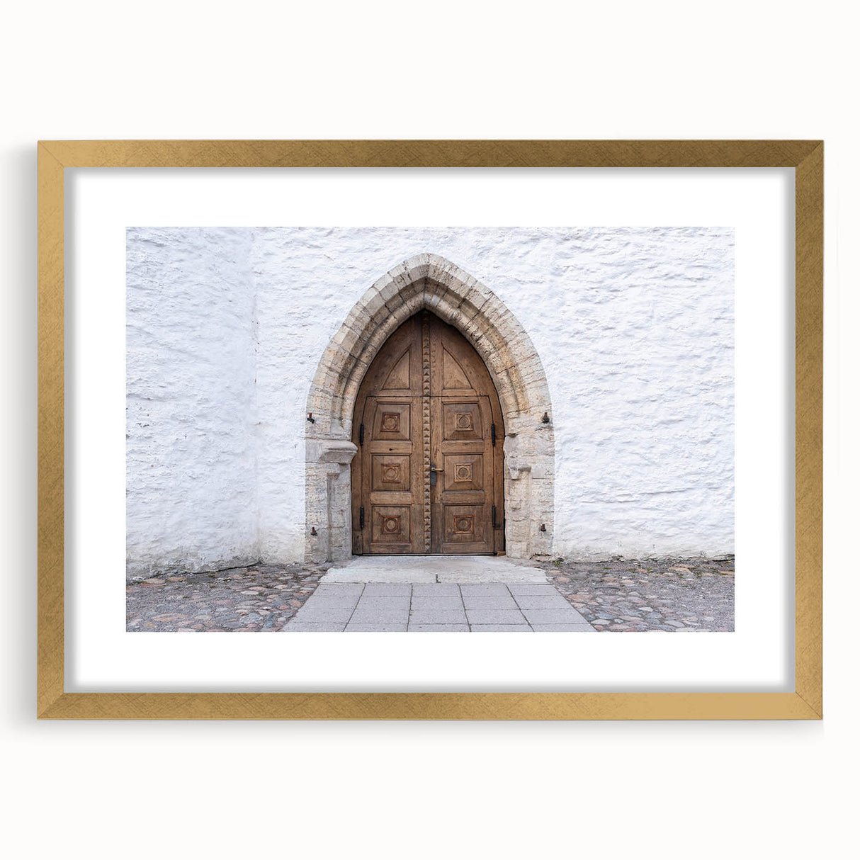 Abstract art print of a European scenery, muted earth tones, in a gold frame with mat, ideal for dining room decor.