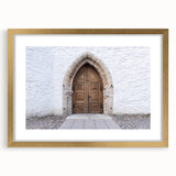Abstract art print of a European scenery, muted earth tones, in a gold frame with mat, ideal for dining room decor.