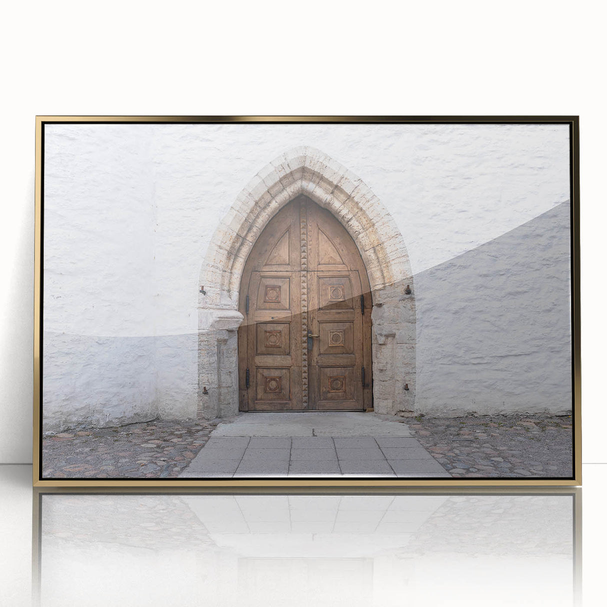 Art Deco poster featuring a serene Estonian landscape in muted gold and green tones, acrylic print framed in gold.
