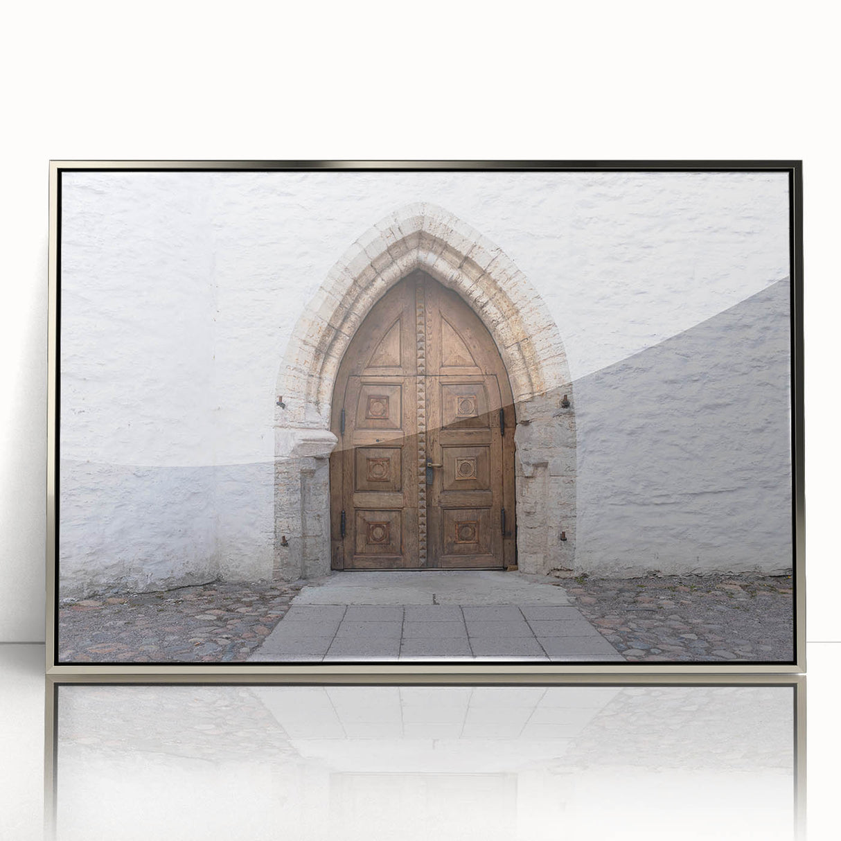 Large art print of a European Estonian scenery in mid-century modernist style, framed in silver acrylic.