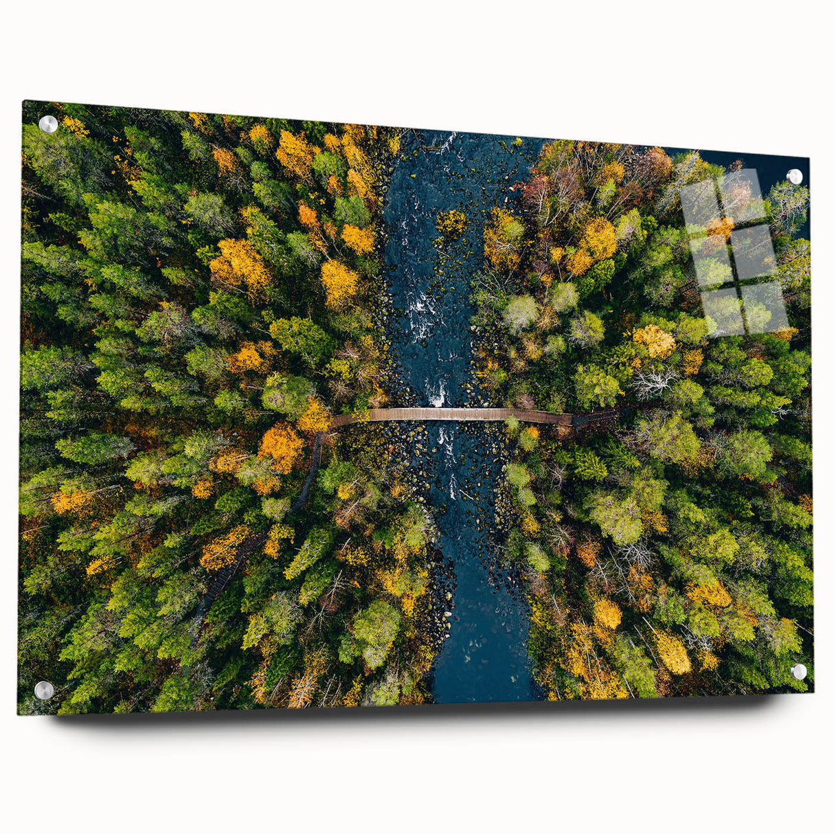 Acrylic print of a serene Finnish landscape in muted blues and greens, ideal for dining room decor.