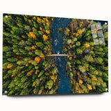 Acrylic print of a serene Finnish landscape in muted blues and greens, ideal for dining room decor.