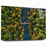Large abstract wall art depicting a serene Finnish landscape in muted blues and greens on acrylic glass.