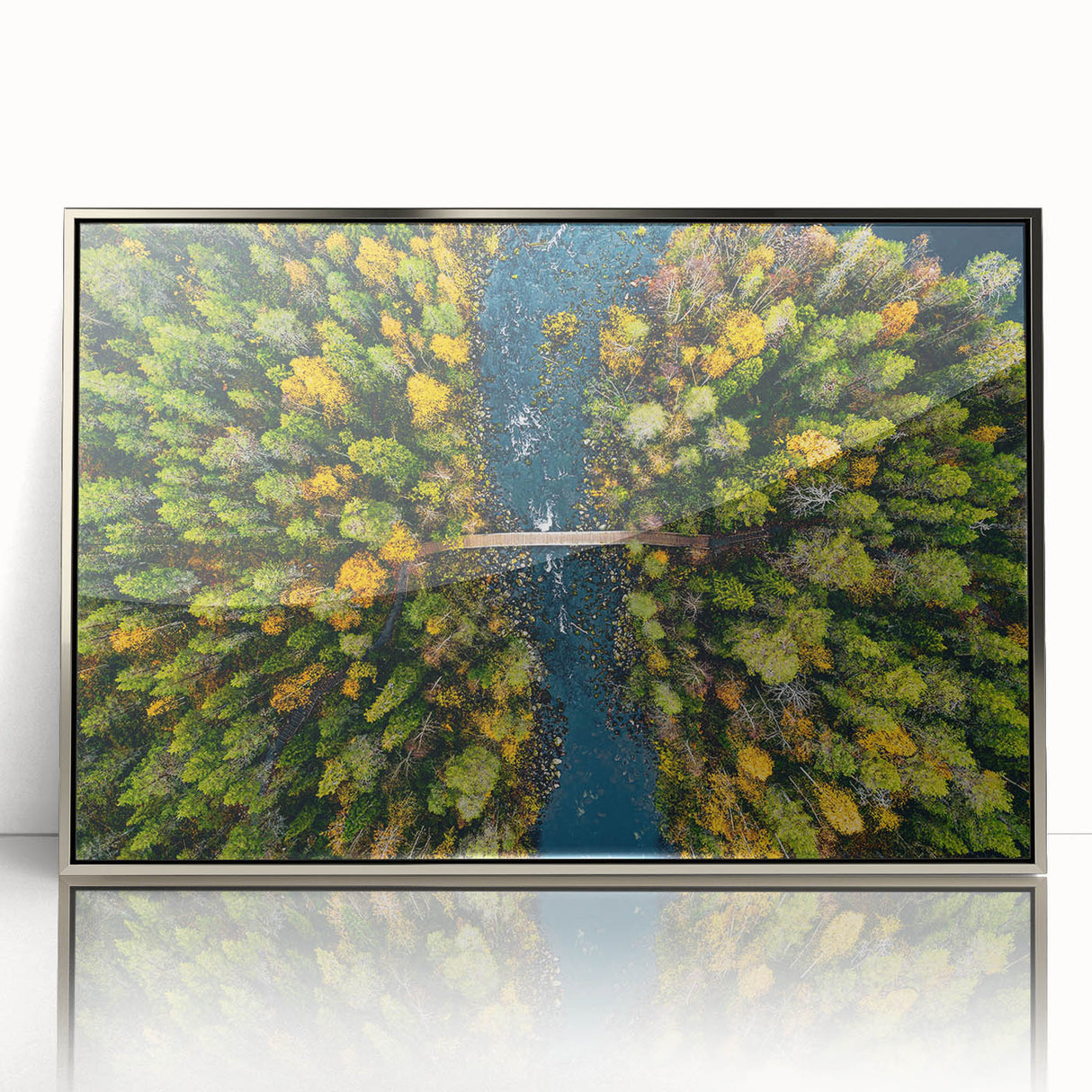 Large acrylic print of a serene Finnish landscape in muted blue and green tones, framed in silver.