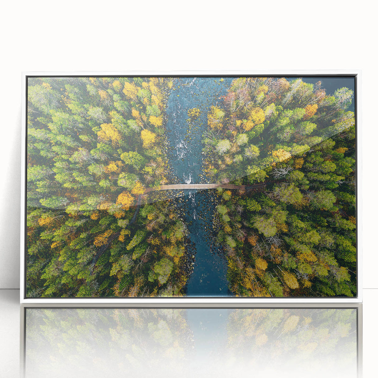 Mid-century modernist art depicting a serene Finnish landscape on a framed acrylic, ideal for nursery wall decor.
