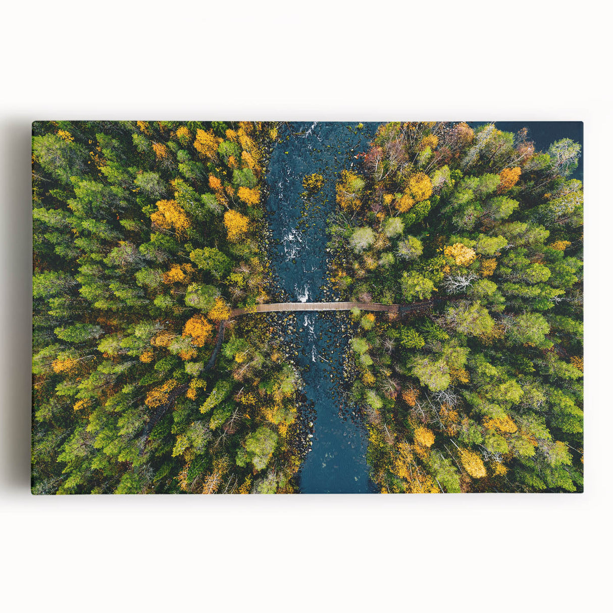 Black and white photograph of a serene Finnish landscape on stretched canvas, ideal for kitchen wall art.