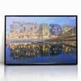 Large abstract wall art depicting a stylized Lyon cityscape in muted gray and blue tones on a framed acrylic.