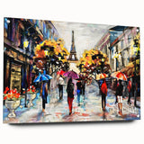 Acrylic print of a Paris skyline in muted gray and blue tones, suitable for bedroom or dining room decor.