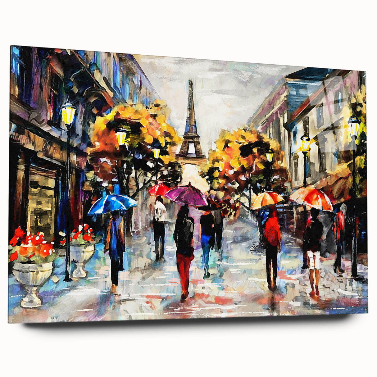 Large abstract wall art of Paris scenery on acrylic glass, with muted earth tones, suitable for bedroom or dining room decor.