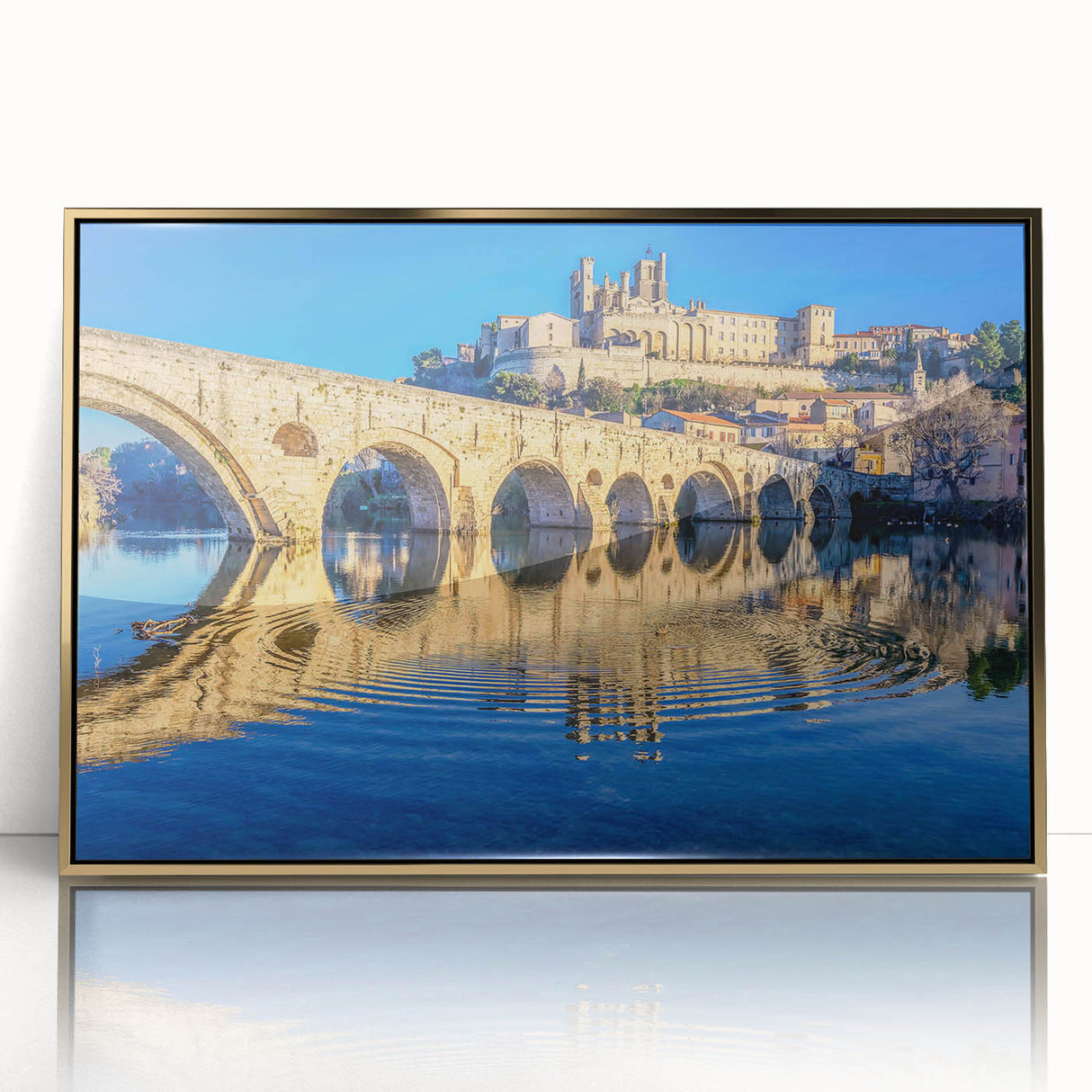 Art deco poster of Provence landscape in gold frame, acrylic, ideal for modern nursery decor.