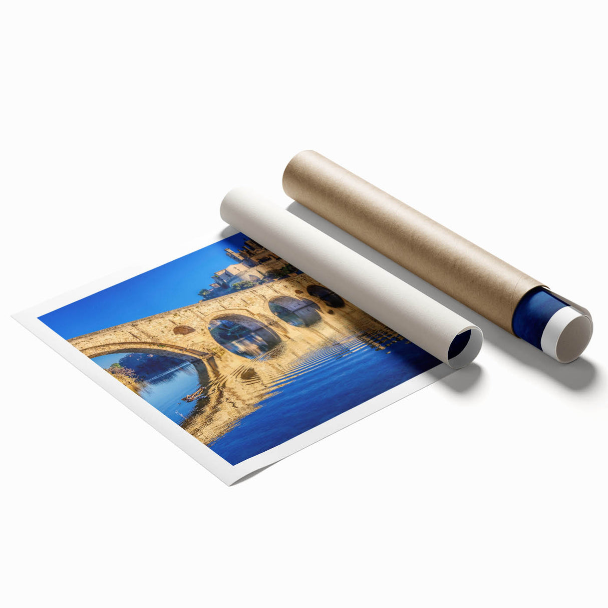 Rolled print of a Provence landscape with lavender fields in muted purple and green tones.