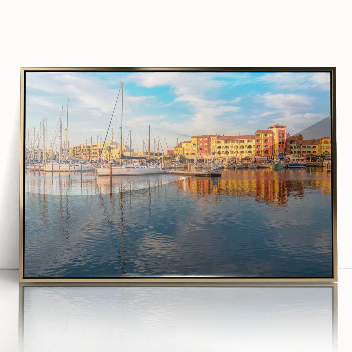 Acrylic print of a South France scenery in art deco style with gold frame, ideal for modern art wall decor.