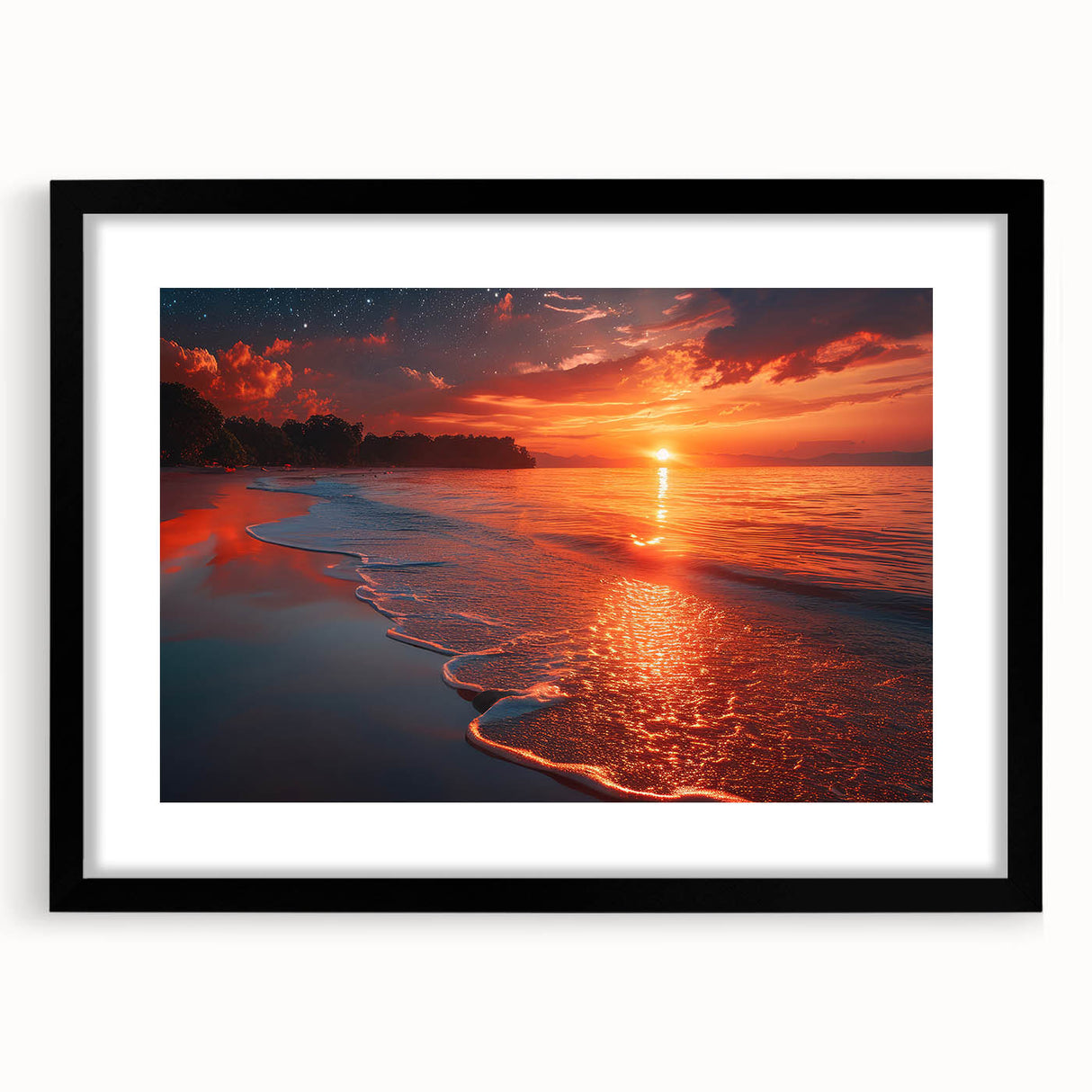 Abstract art print of a colorful European scenery in Crete, displayed in a black frame with mat, ideal for living room decor.