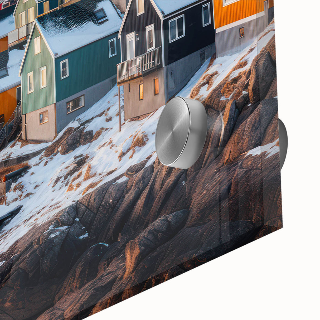 Large abstract wall art featuring a Greenland scenery in muted green and blue tones on acrylic glass.