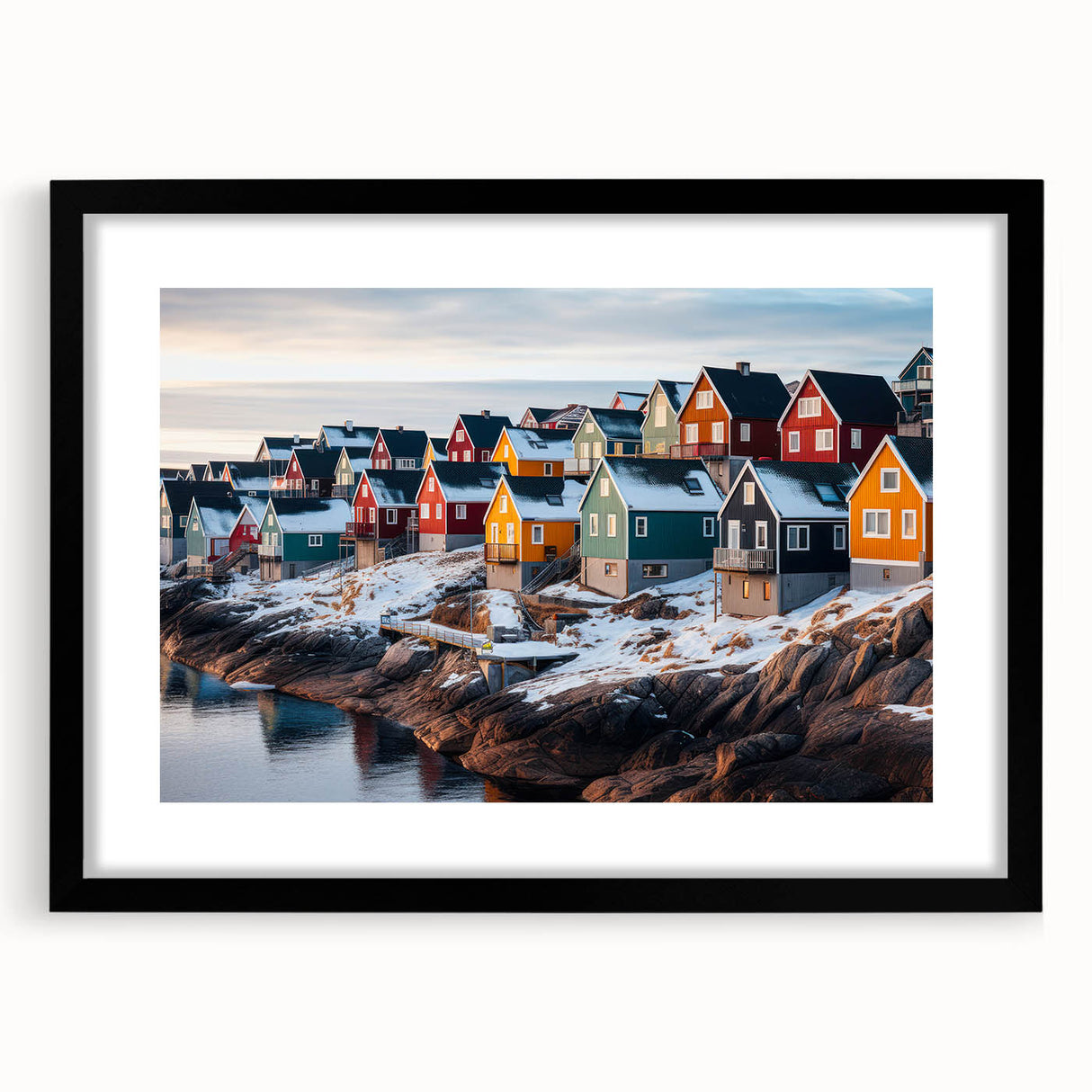 Extra large abstract art print depicting a textured colorful Greenland scenery in a black frame, ideal for living room decor.