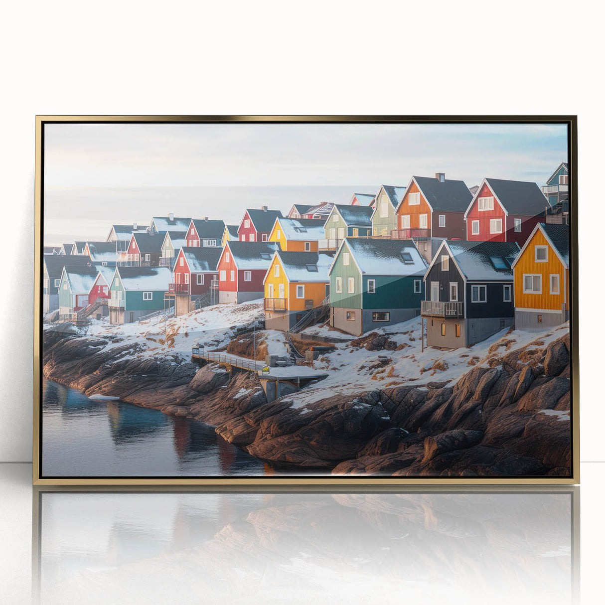 Acrylic print of a European Greenland landscape in muted greens and golds, framed in gold, ideal for modern art wall decor.