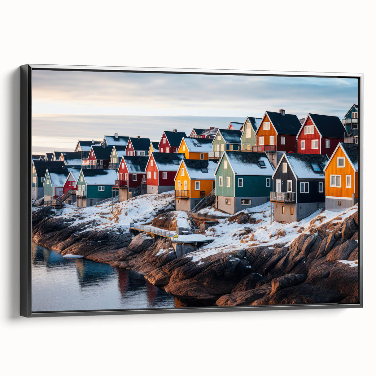 Black and white landscape art of Greenland on framed canvas, ideal for bedroom wall decor.