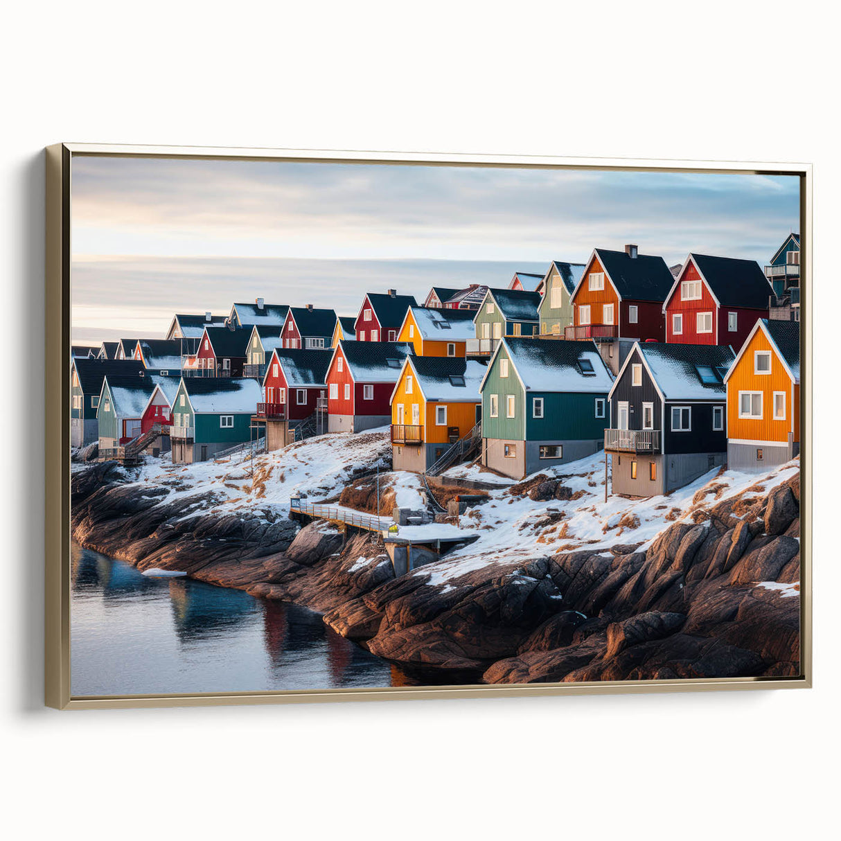 Framed canvas wall art featuring a vintage-style Greenland landscape in muted green and black tones, ideal for bedroom decor.