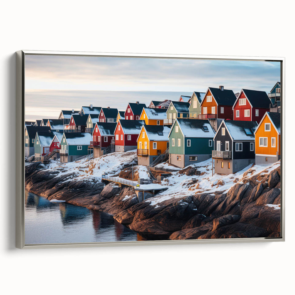 Vintage-style landscape art painting of Greenland on framed canvas, featuring muted green and black tones.