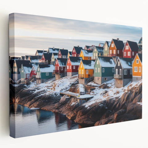 Greenland landscape on large stretched canvas featuring muted green and blue tones, ideal for kitchen wall art.