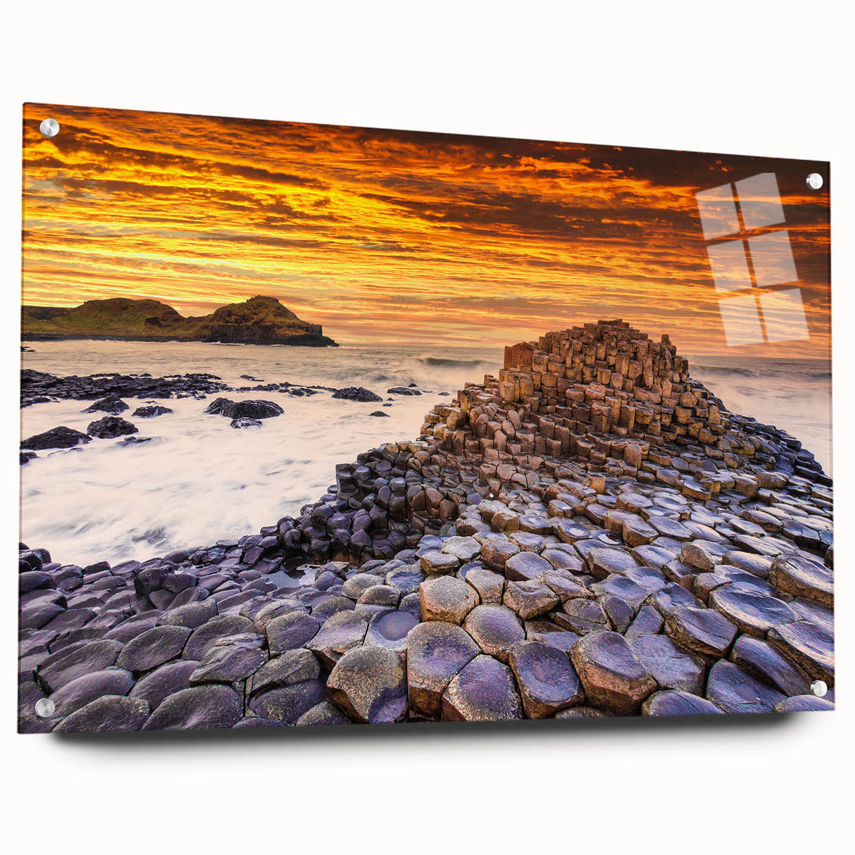 Acrylic print of a serene Irish landscape in muted green and blue tones, ideal for dining room decor.