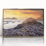 Art deco poster of an Irish landscape in muted green and gold tones, acrylic print framed in gold.