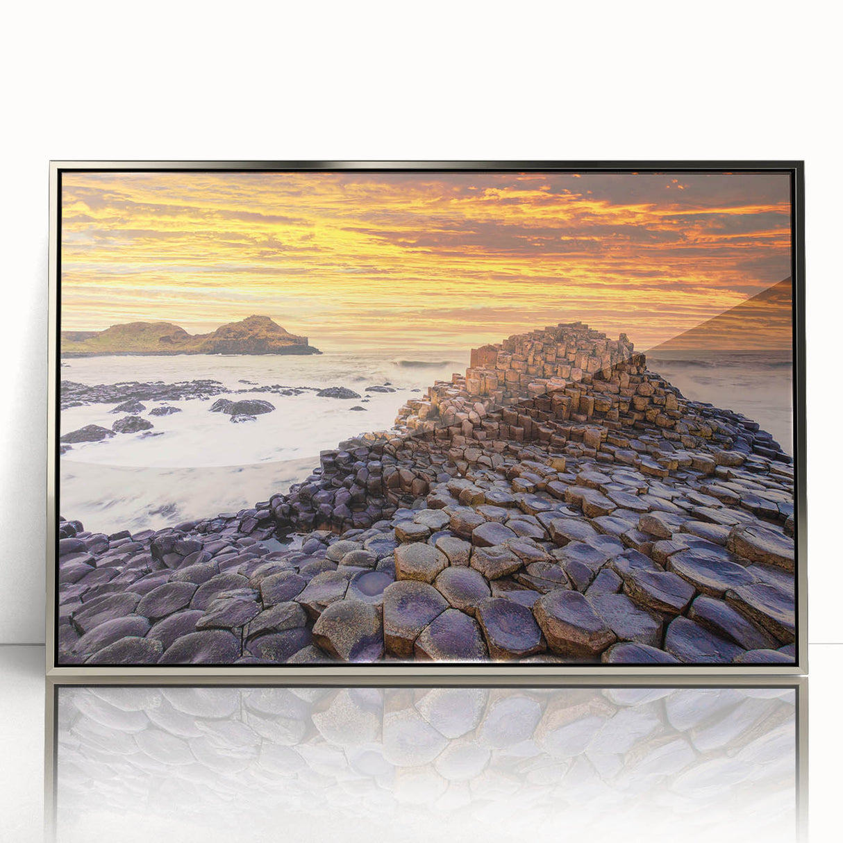 Large framed acrylic print of a serene Irish landscape in muted green and blue tones, ideal for modern art wall decor.