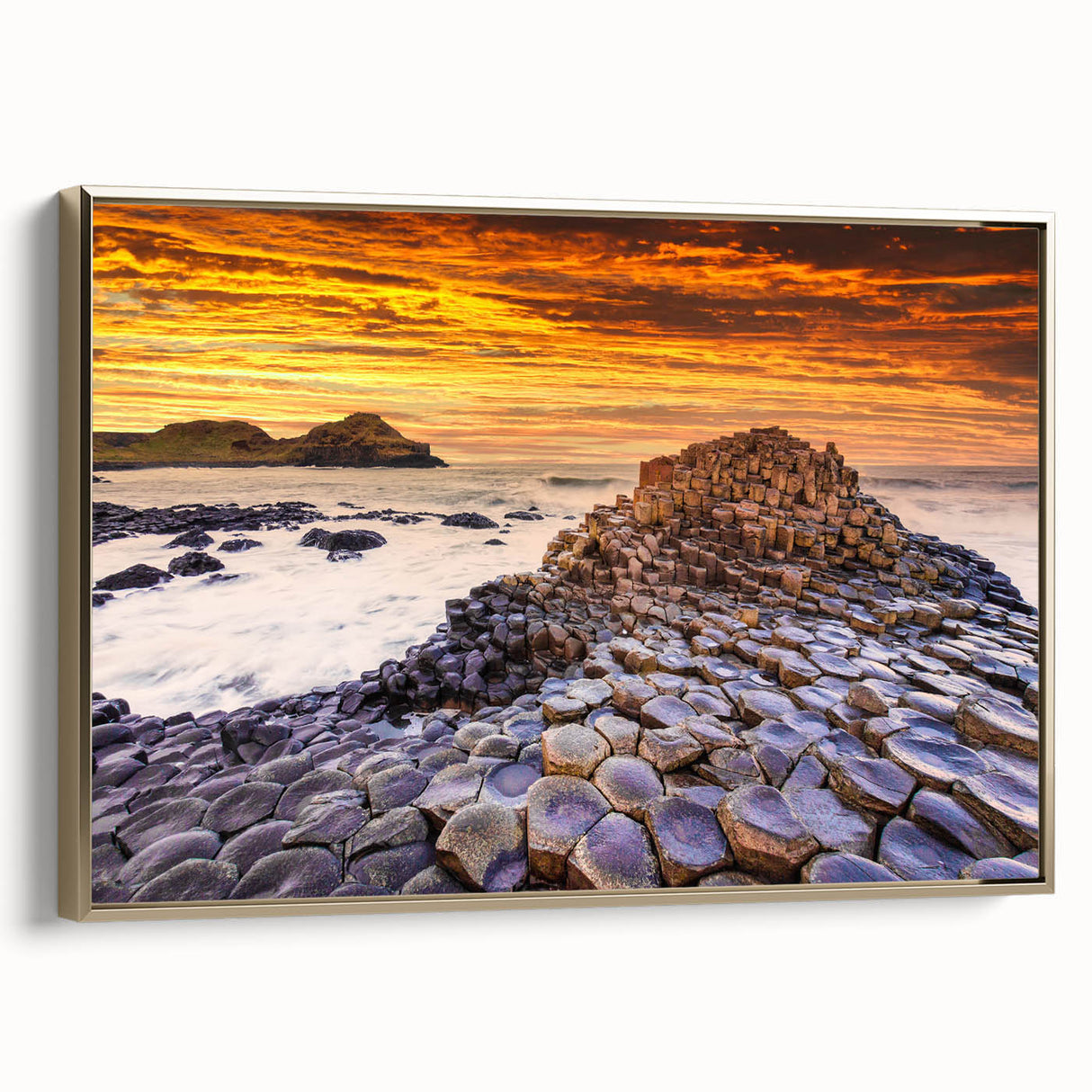 Framed canvas featuring a vintage-style Irish landscape in muted greens and golds, ideal for bedroom wall art.