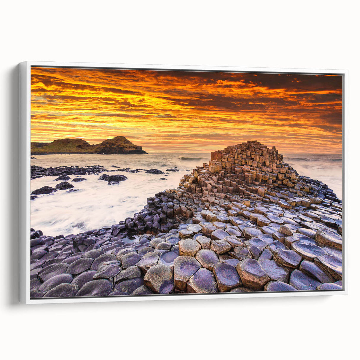Vintage poster art of a scenic Ireland landscape in colorful tones on a framed canvas, ideal for living room decor.