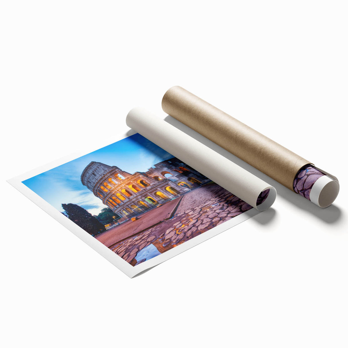 Panoramic view of Rome with floral accents in soft earth tones on a large rolled canvas, ideal for elegant bathroom decor.