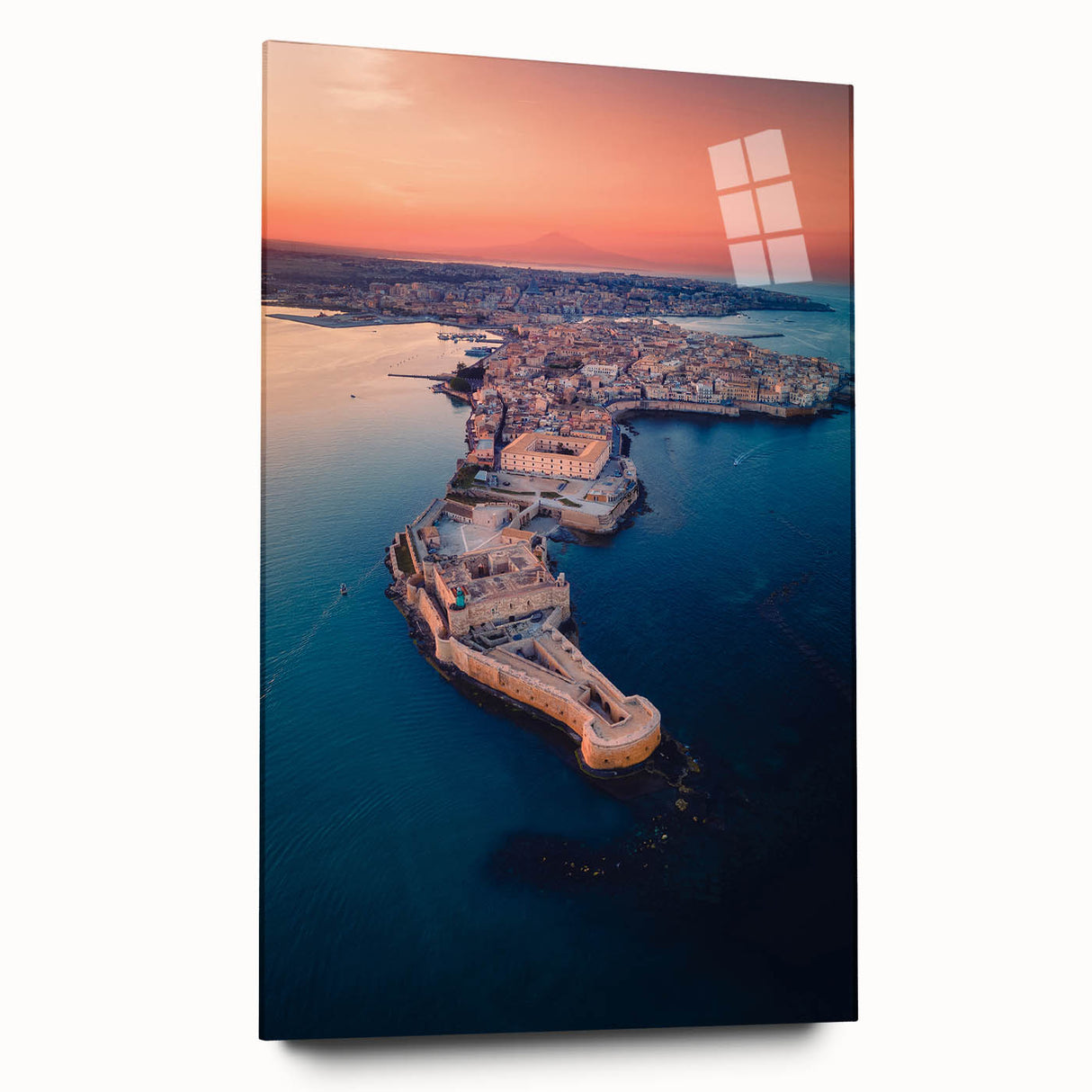 Acrylic print of a Sicilian landscape in muted earth tones, ideal for bedroom or dining room art.
