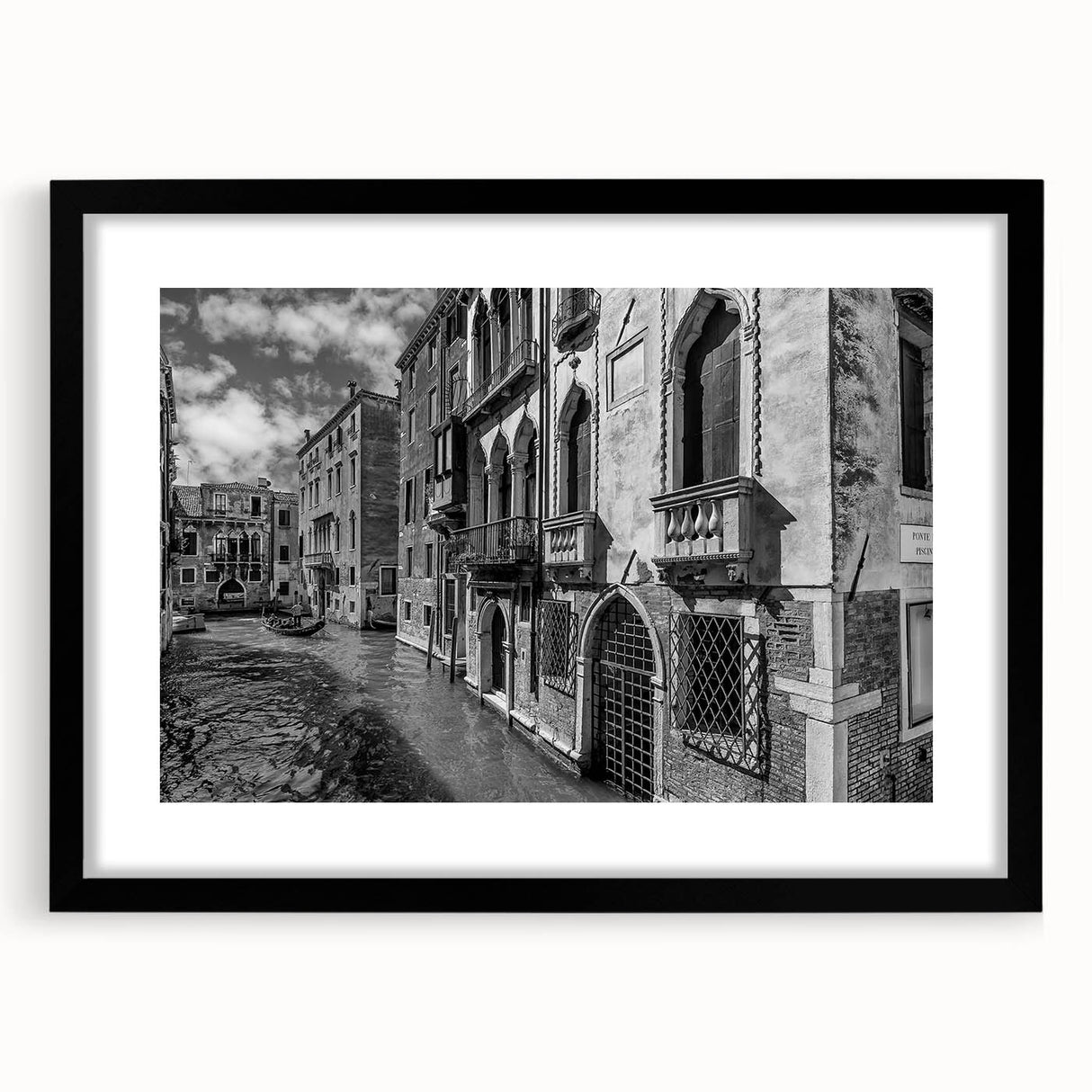 Extra large abstract art print of Venice in vibrant colors on a textured canvas, framed in black.
