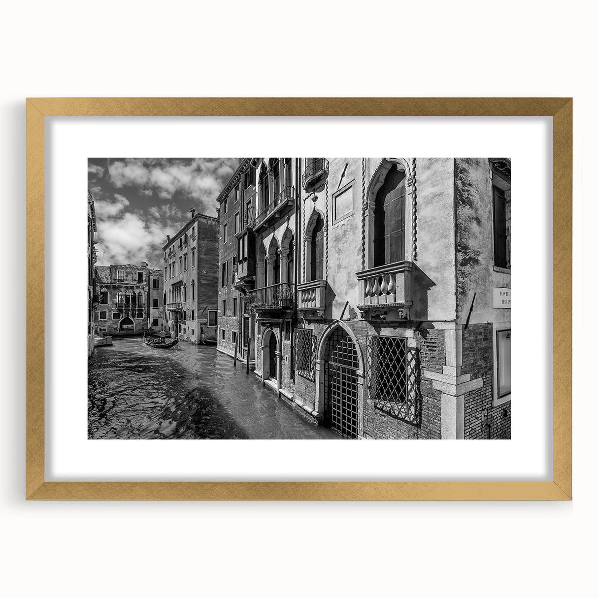 Abstract art print of Venice with muted gold and blue tones on a framed canvas, ideal for dining room decor.
