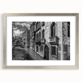 Extra large framed wall art of an abstract Venice scenery in textured silver hues, ideal for living room decor.