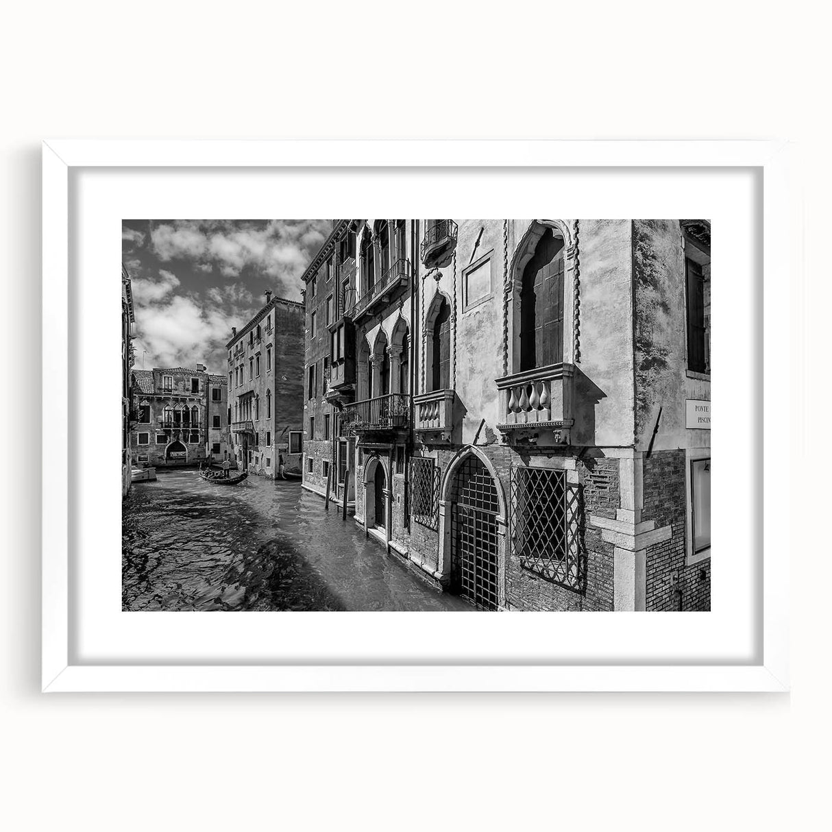 Textured art print of an abstract Venice scenery in muted earth tones on a framed white mat, suitable for bedroom decor.