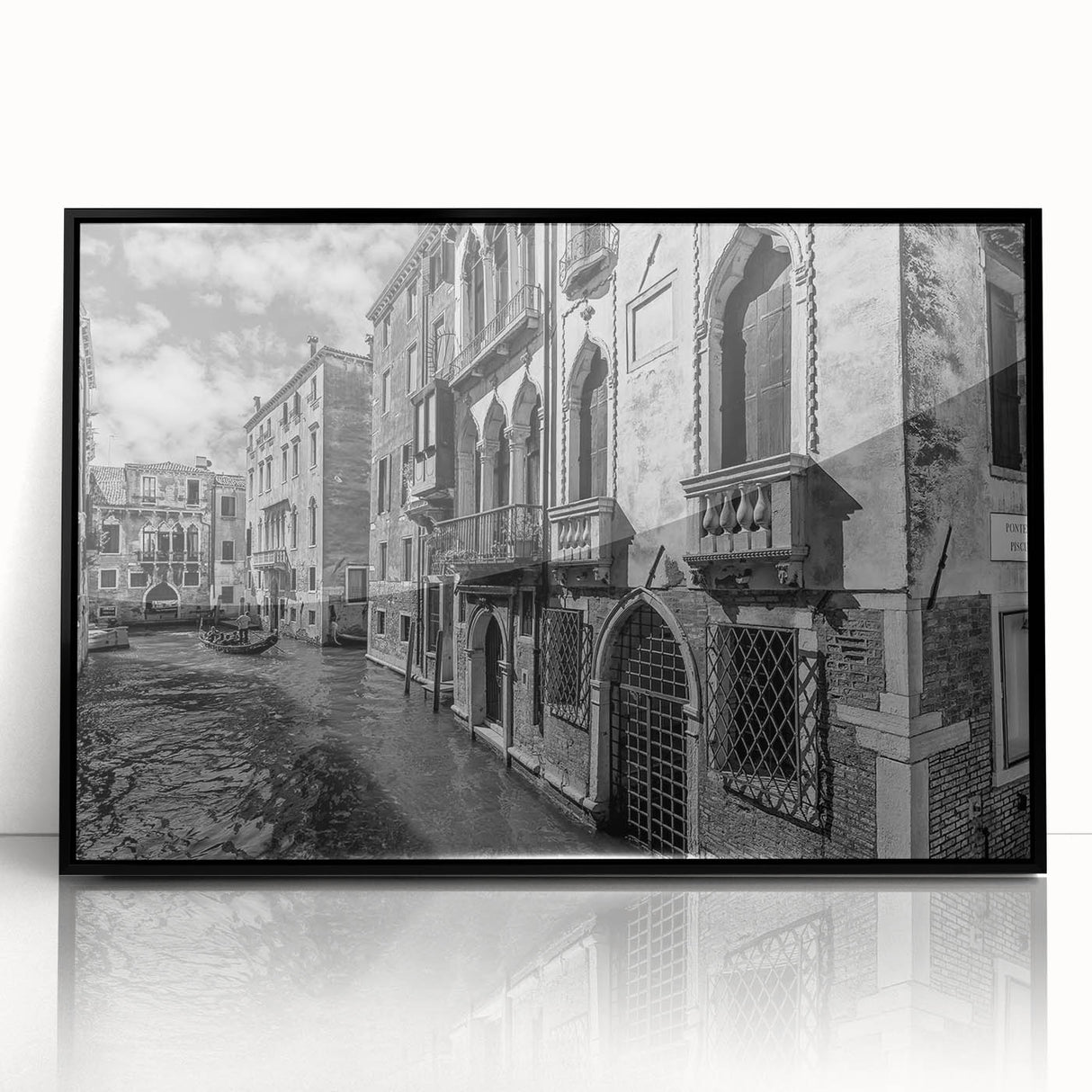 Large abstract wall art of Venice scenery in mid-century modernist style, with vibrant tones on black framed acrylic.