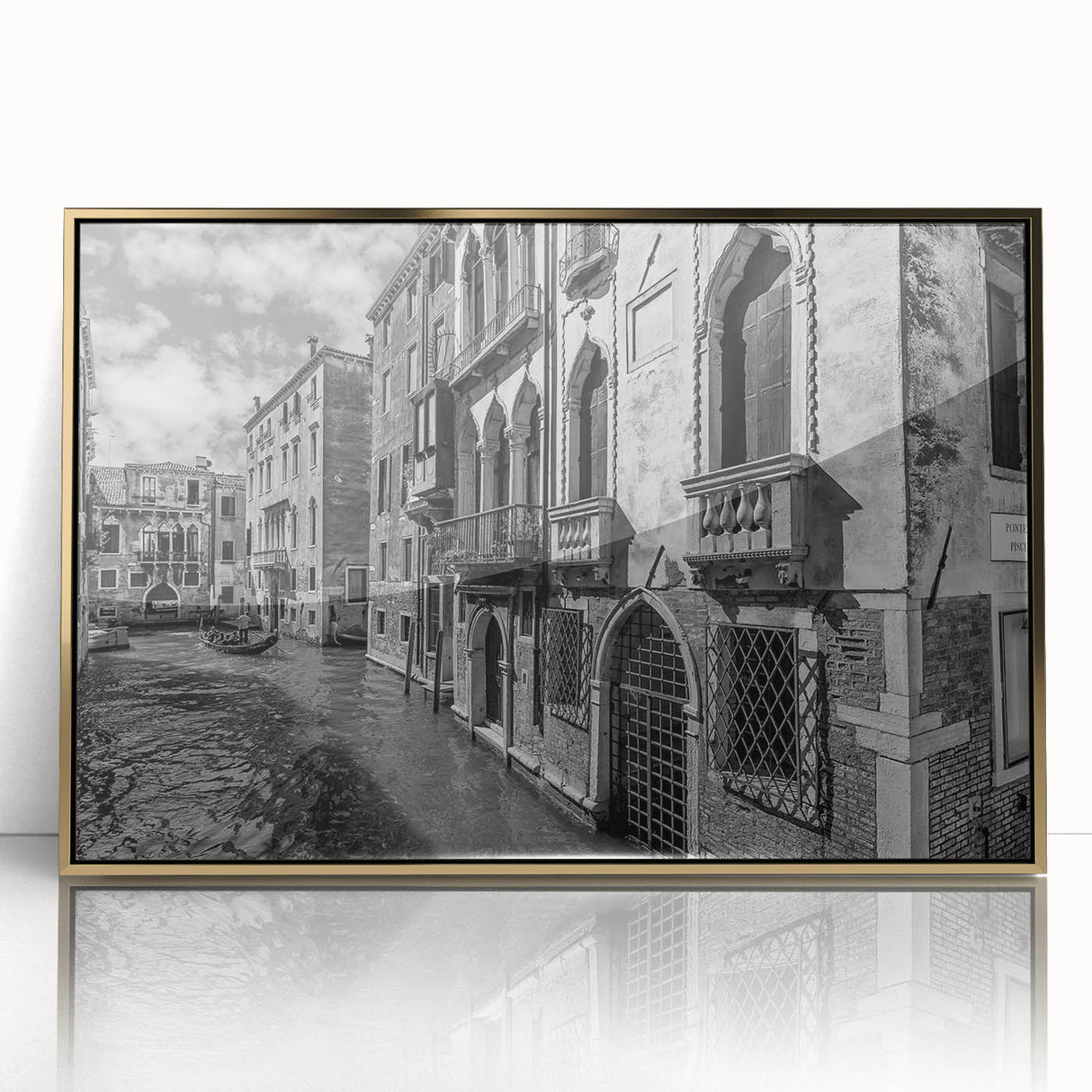 Art deco poster of Venice scenery with muted gold and blue tones on framed acrylic, ideal for modern art wall decor.