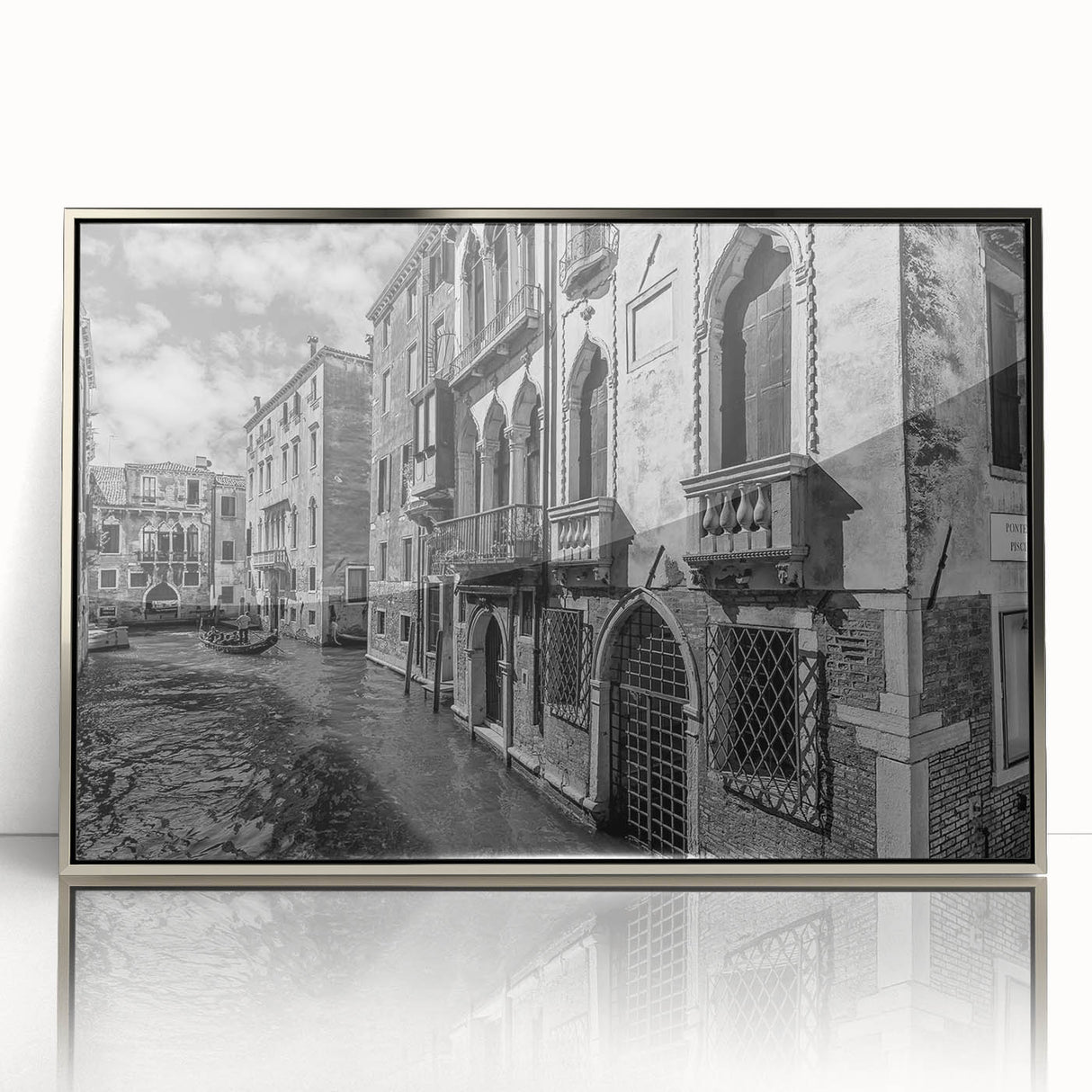 Acrylic print of Venice scenery with silver frame, featuring muted earth tones, ideal for modern art wall decor.