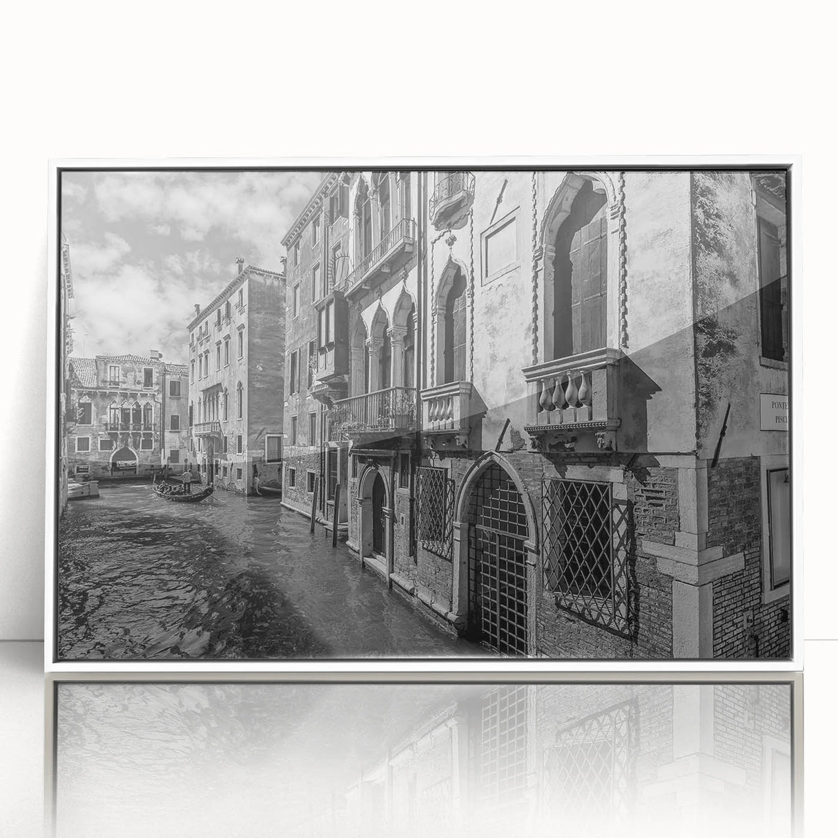 Mid-century modernist art of Venice scenery in muted earth tones, acrylic print framed in white.