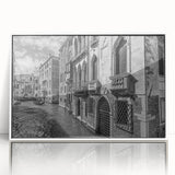 Mid-century modernist art of Venice scenery in muted earth tones, acrylic print framed in white.