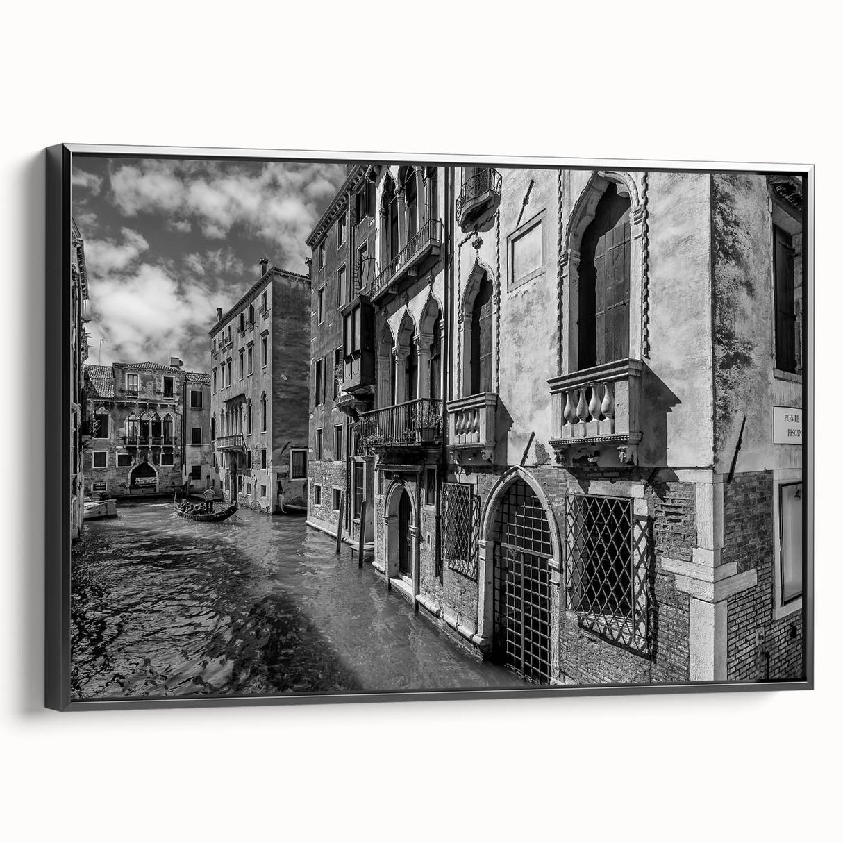 Black and white framed canvas of Venice landscape with vintage poster style, ideal for bedroom wall art.