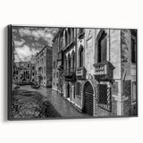 Black and white framed canvas of Venice landscape with vintage poster style, ideal for bedroom wall art.