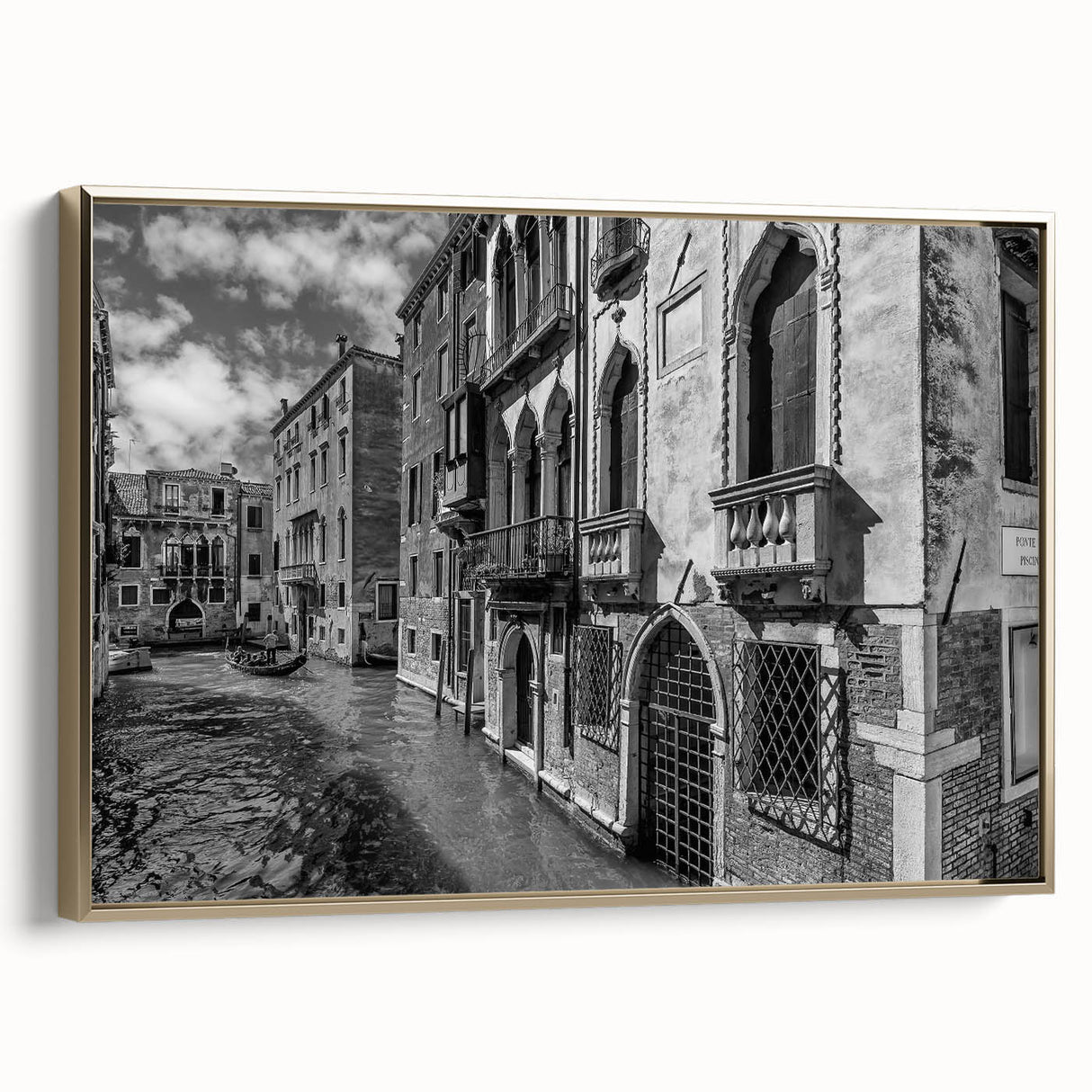 Framed canvas of Venice landscape in vintage poster style, with muted gold and black tones, ideal for bedroom wall art.