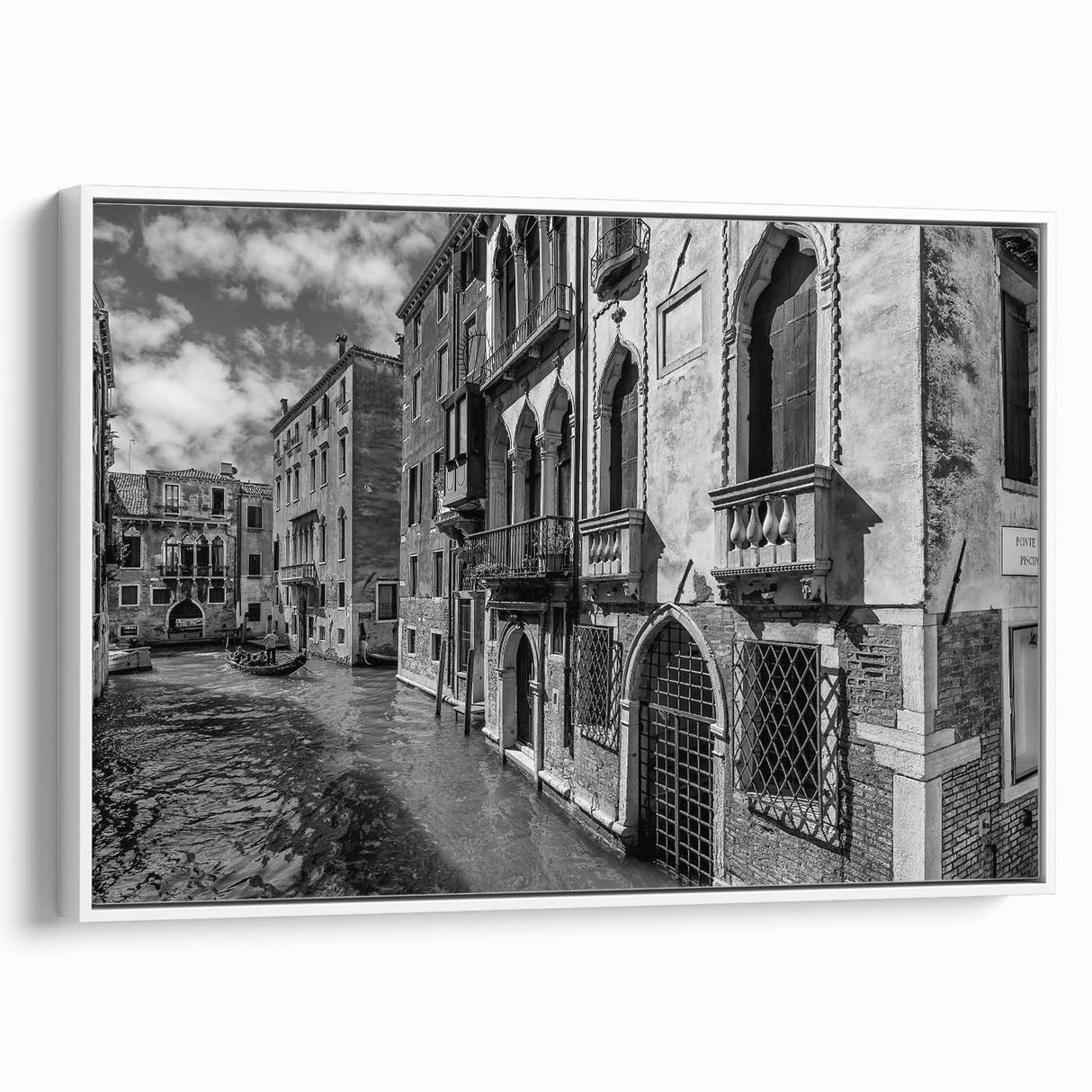 Vintage poster art of Venice scenery on framed canvas, featuring colorful artwork against a black background.