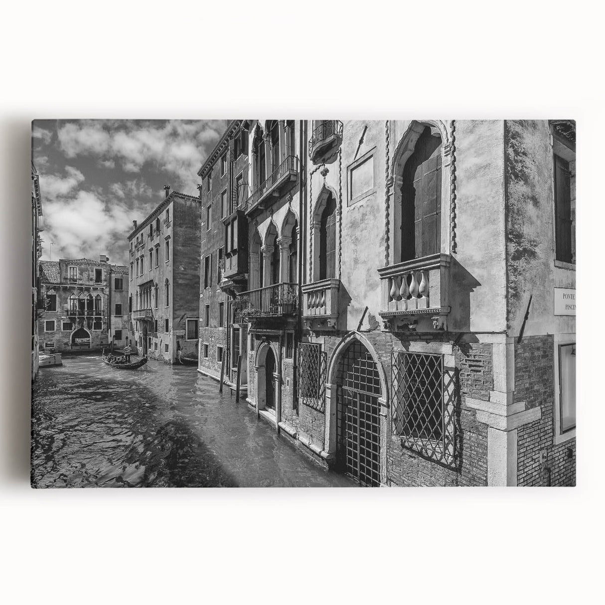 Black and white stretched canvas of Venice scenery, ideal for kitchen wall art or bedroom ambiance.