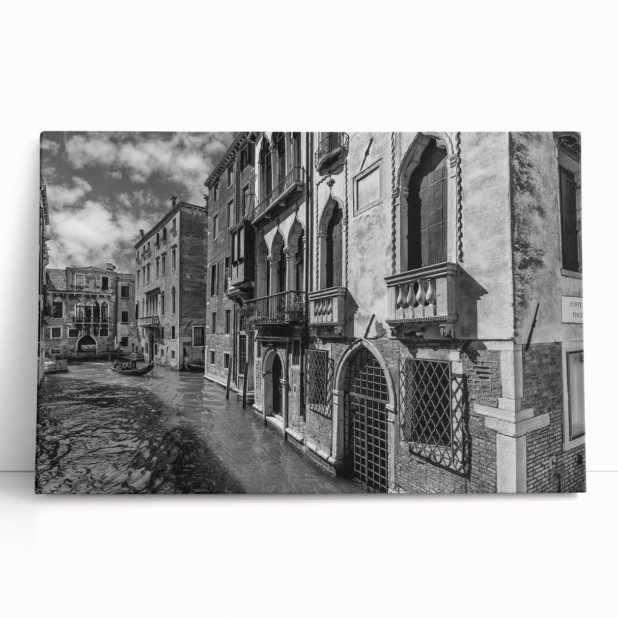 Black and white stretched canvas of Venice scenery, ideal for kitchen wall art.