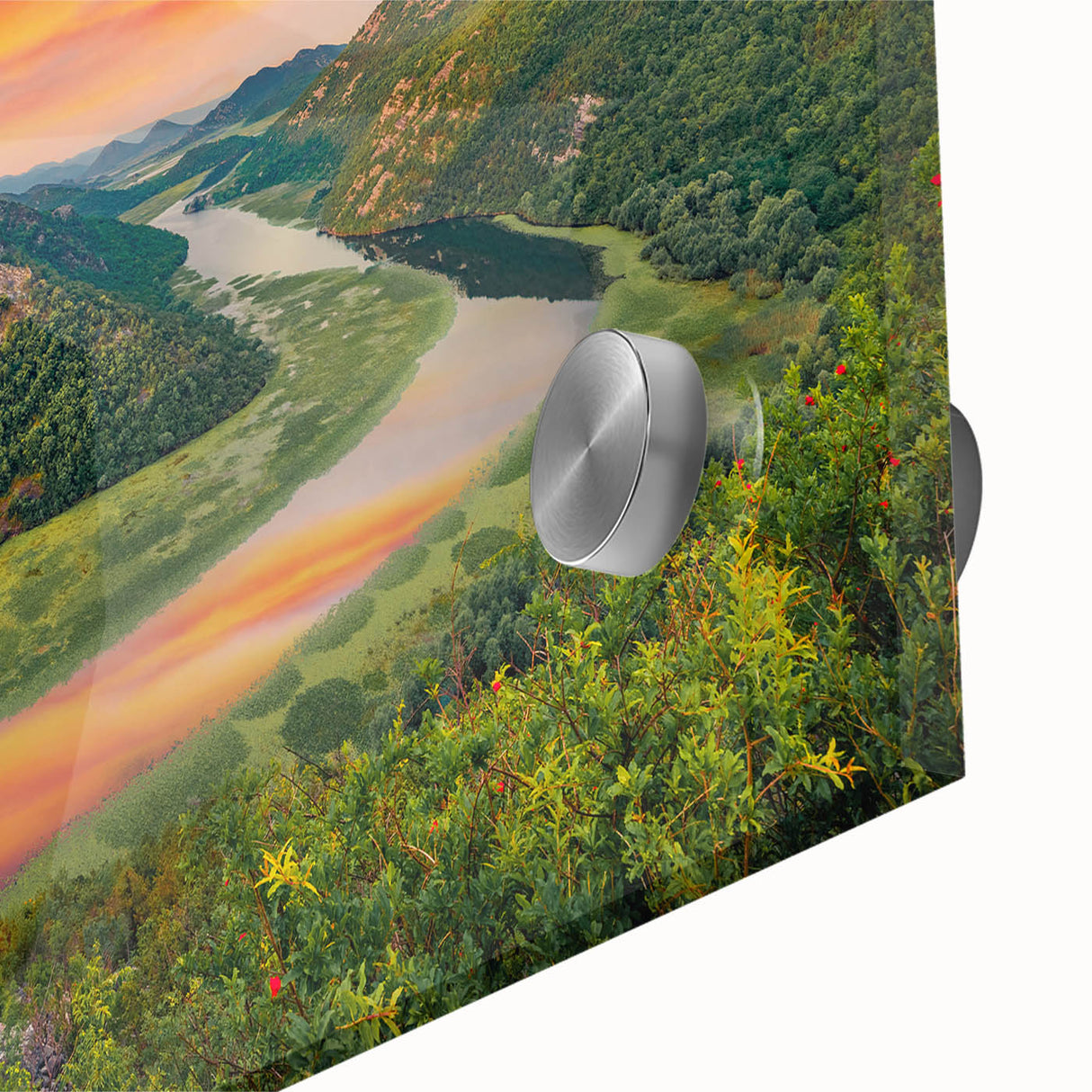 Large abstract wall art of a Montenegro landscape in muted earth tones on acrylic glass, ideal for dining room ambiance.