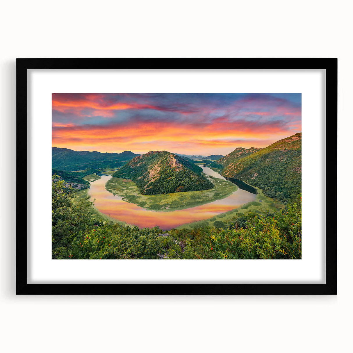 Extra large abstract art print featuring a colorful, textured depiction of a European Montenegro scenery.
