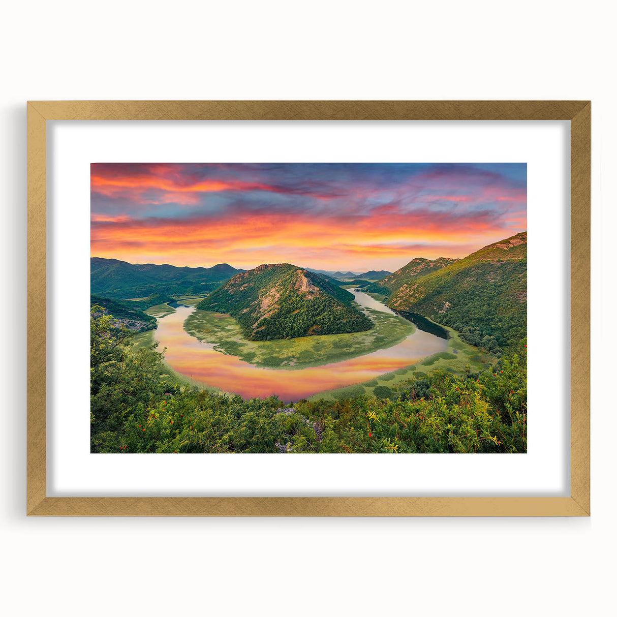 Abstract art print of a Montenegro landscape in muted earth tones, framed in gold, ideal for dining room decor.